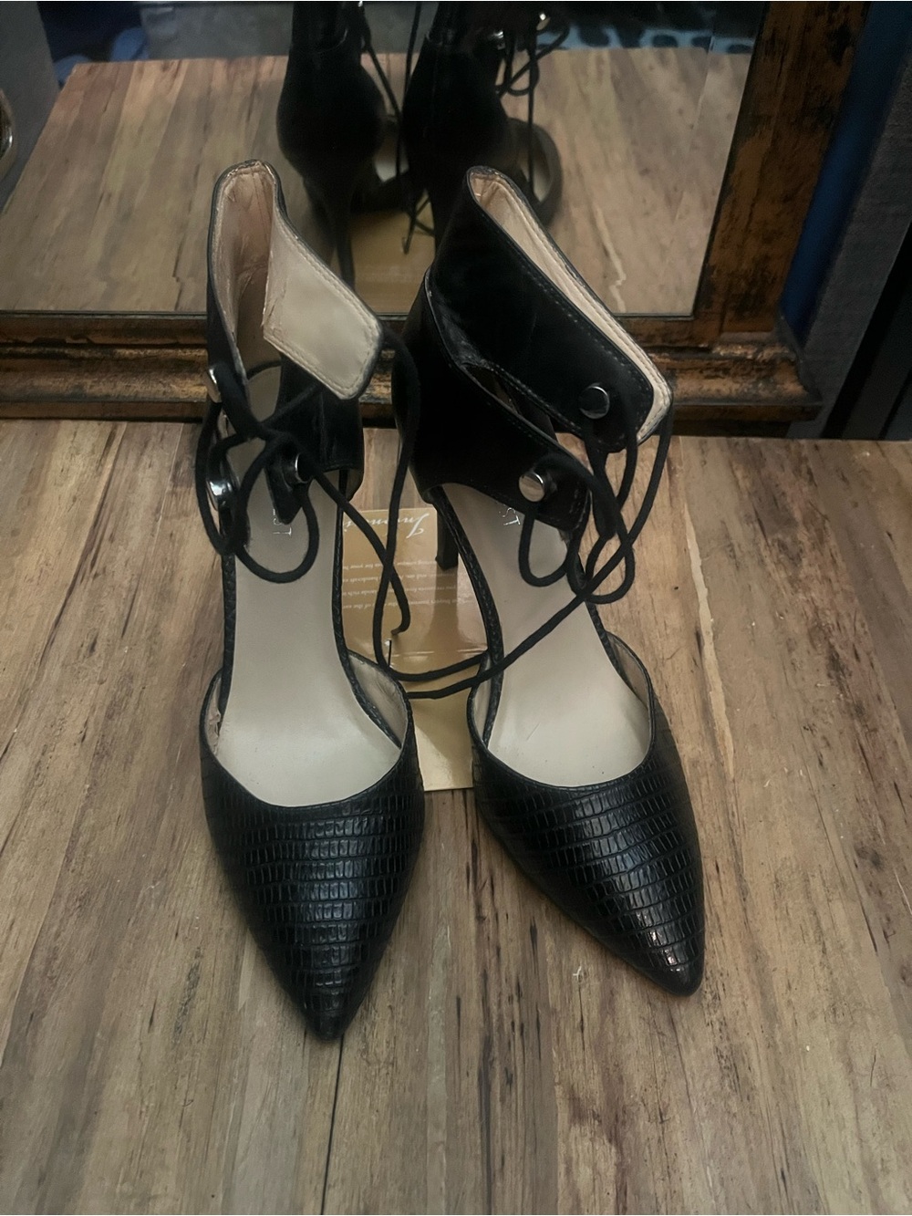 Black Pointed Toe Lace-Up Women's Heels
